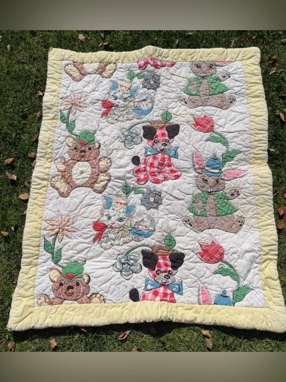 VTG Mid Century Animal Crib Blanket Puppy Kitty Bunny Flower Yellow Cutter 38x44